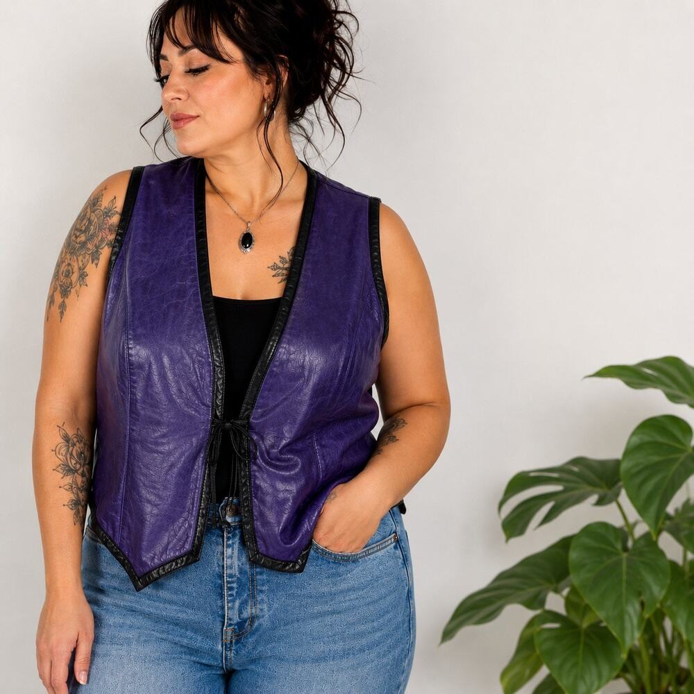 Saxony Purple Vintage Leather Vest Black Tie Front Sz 2X